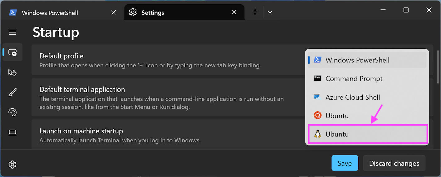 Image showing Terminal App settings to set WSL as default profile