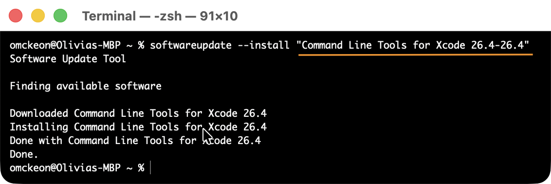 Running softwareupdate --install terminal command
